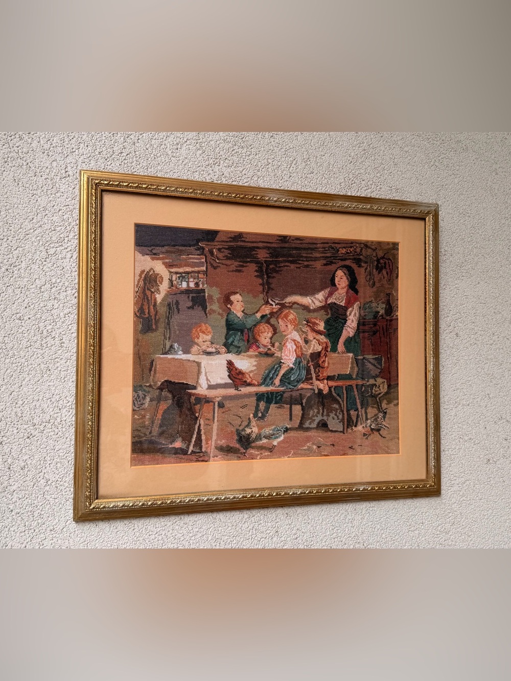 Hand Embroidered Framed Wall Art – Vintage Family Scene Needlepoint, Gold Frame